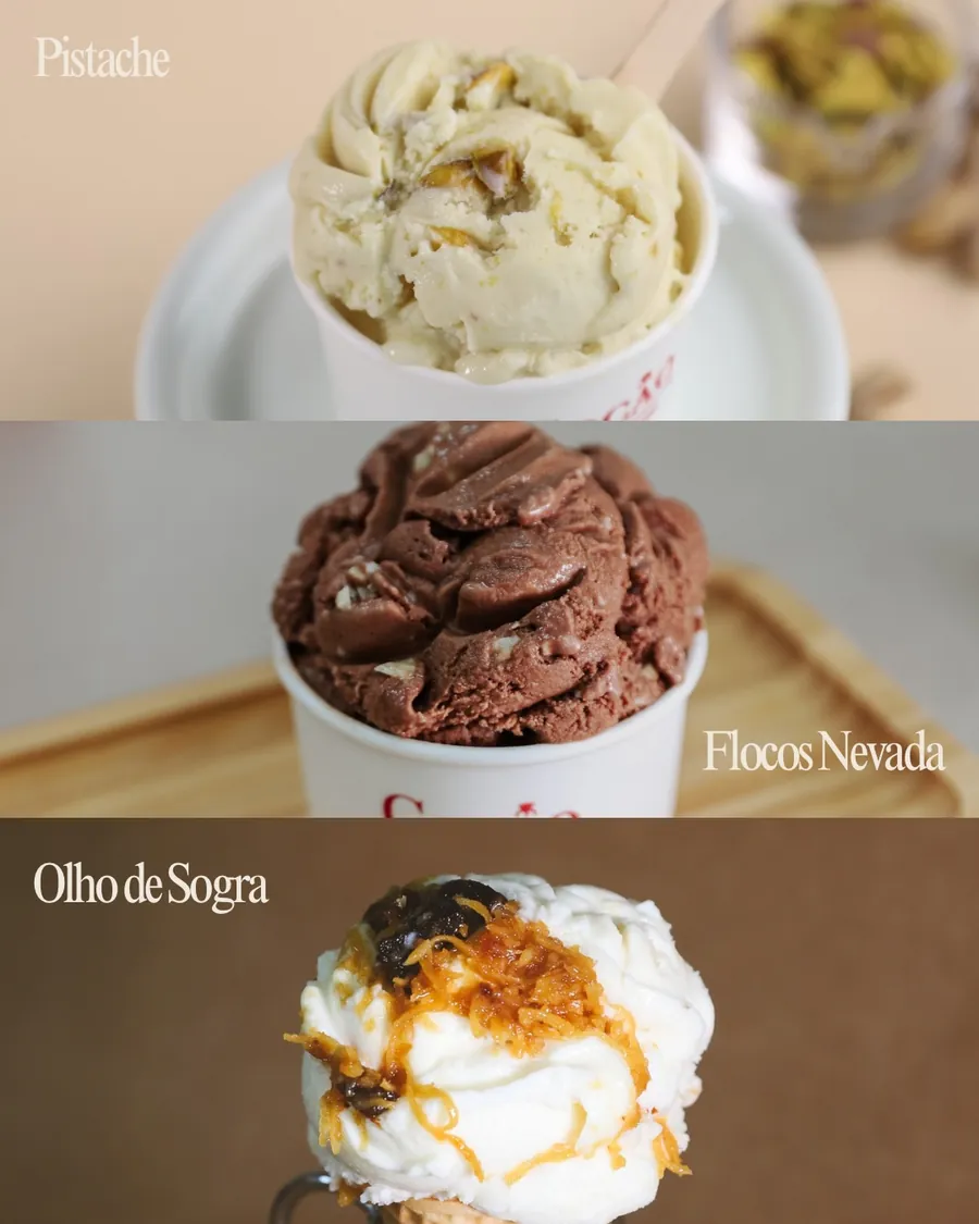 Sorvetes de pistache, flocos nevada e olho de sogra
